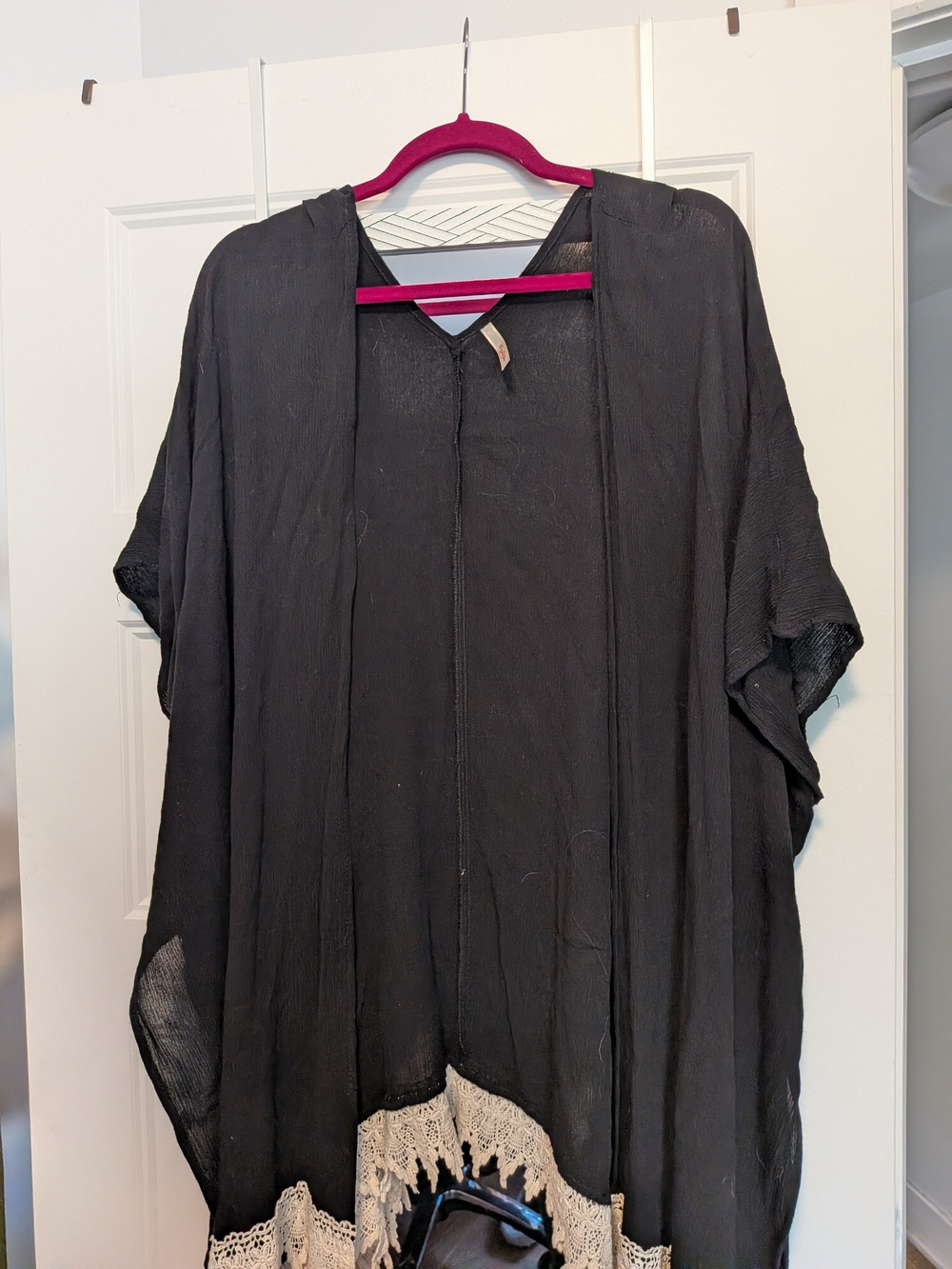 Black Kimono Top with Cream Lace Trim